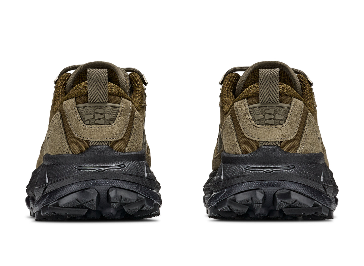 Hoka Tor Summit FLD in Black / Antique Olive — heels view