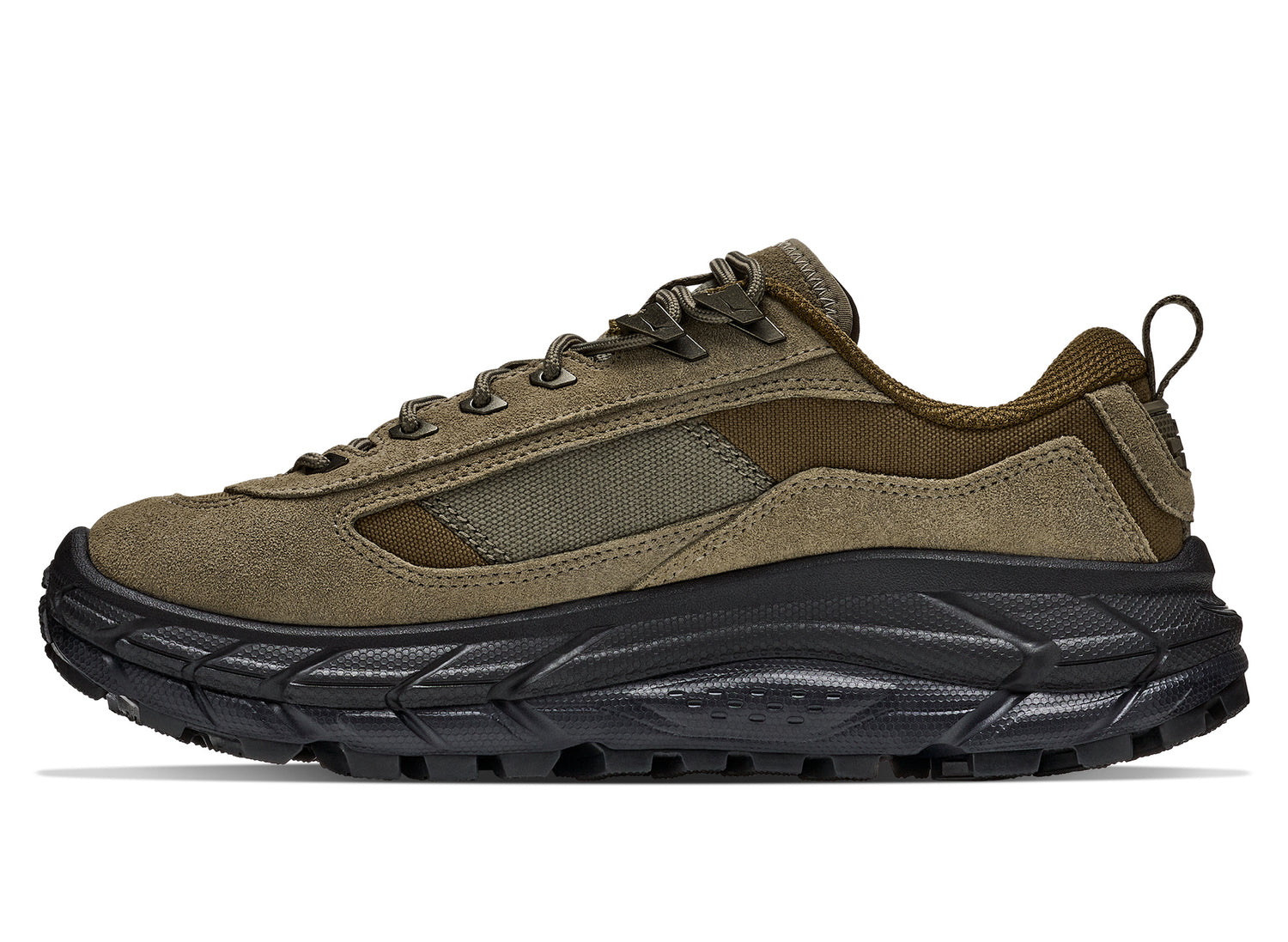 Hoka Tor Summit FLD in Black / Antique Olive — left side view