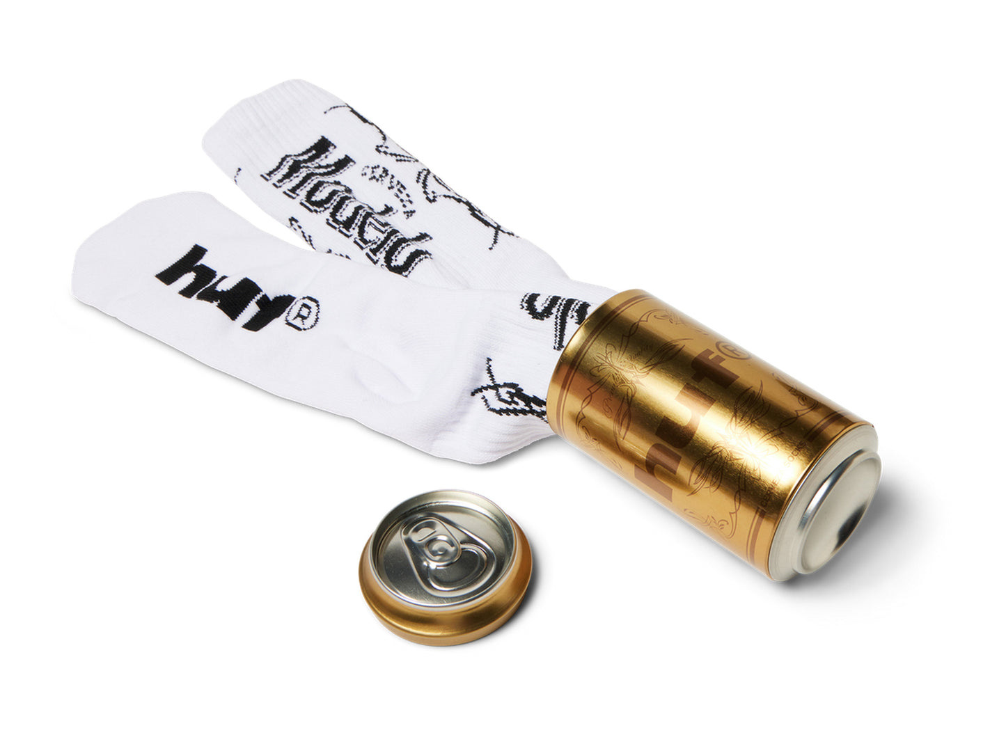 HUF x Modelo Pinstripe Can Socks in White, alternate view of socks with can packaging
