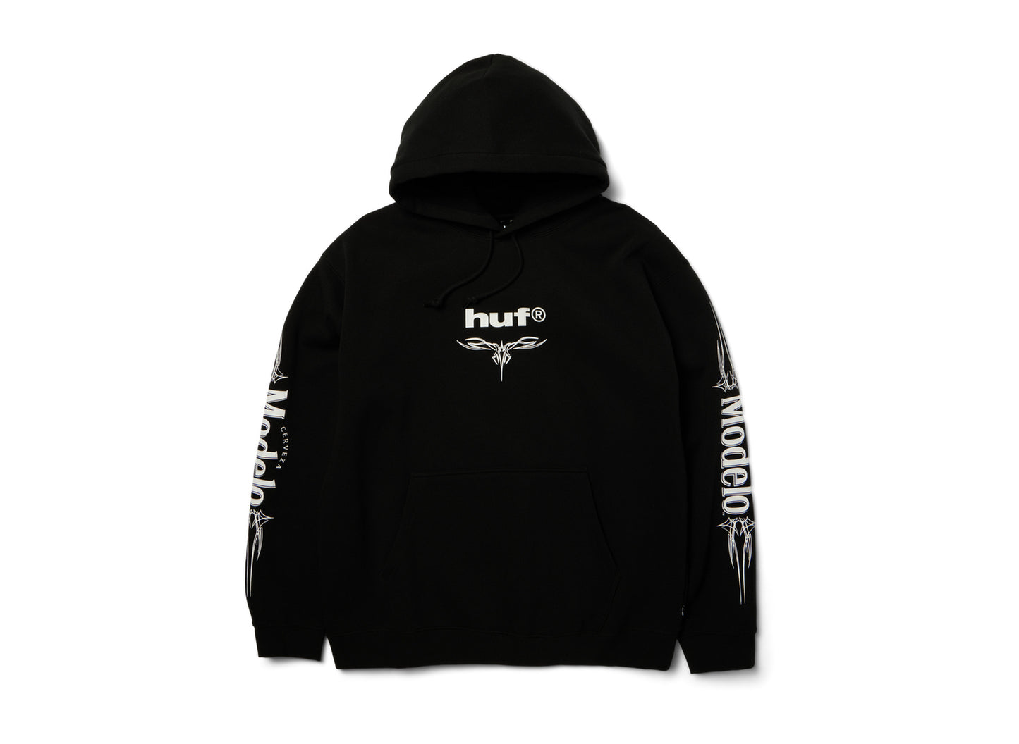 HUF x Modelo Pinstripe Pullover Hoodie in Black, front view