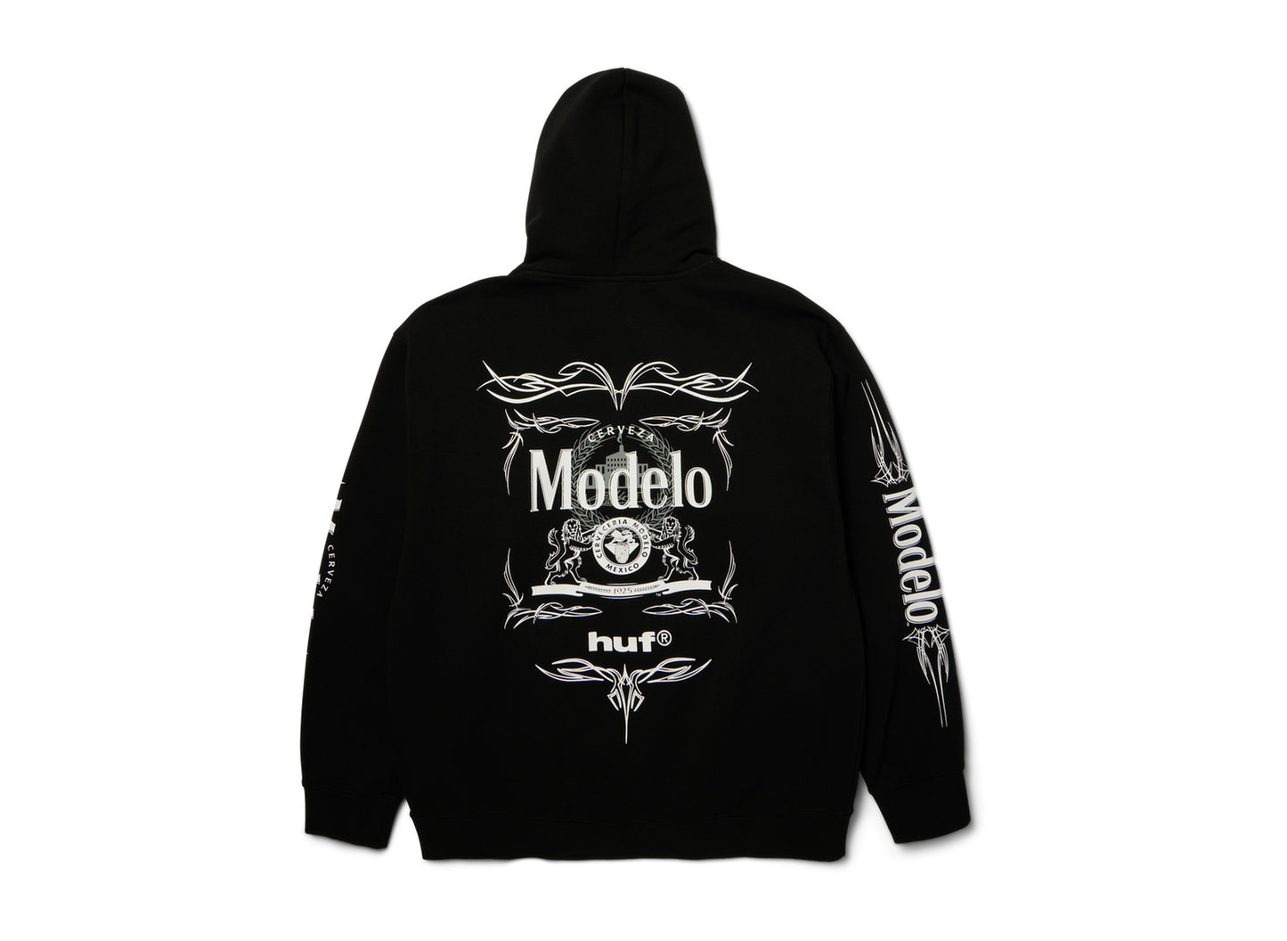 HUF x Modelo Pinstripe Pullover Hoodie in Black, back view