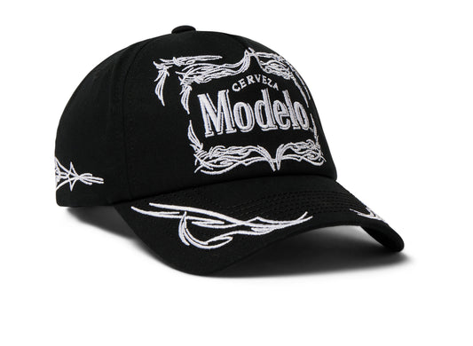 HUF x Modelo Pinstripe Snapback Hat in Black, angled front view