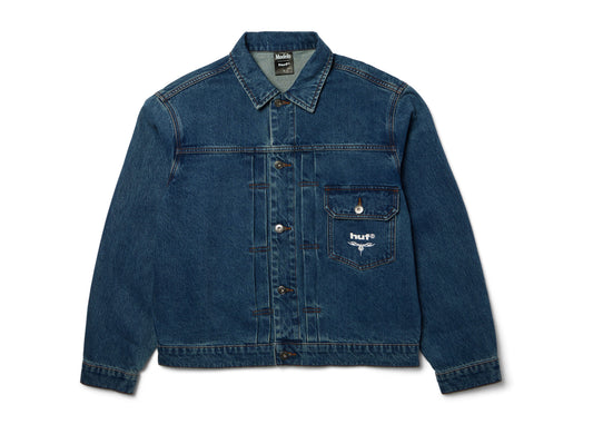 HUF x Modelo Trucker Jacket in Indigo, front view