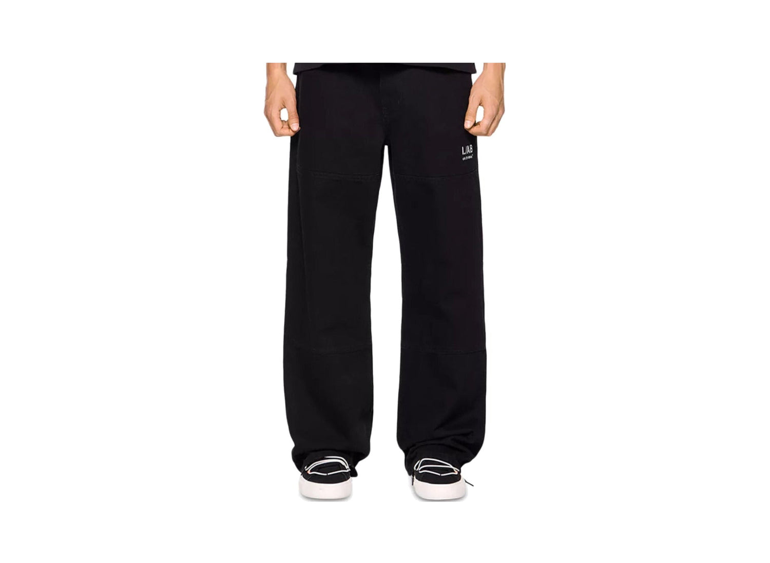 L/AB c/o Off-White Diagonal Carpenter Jeans in Black front on model
