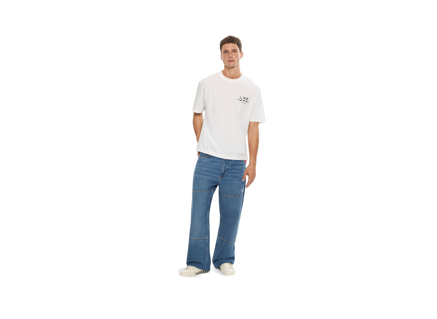 L/AB c/o Off-White Diagonal Carpenter Jeans in Steel Indigo on model