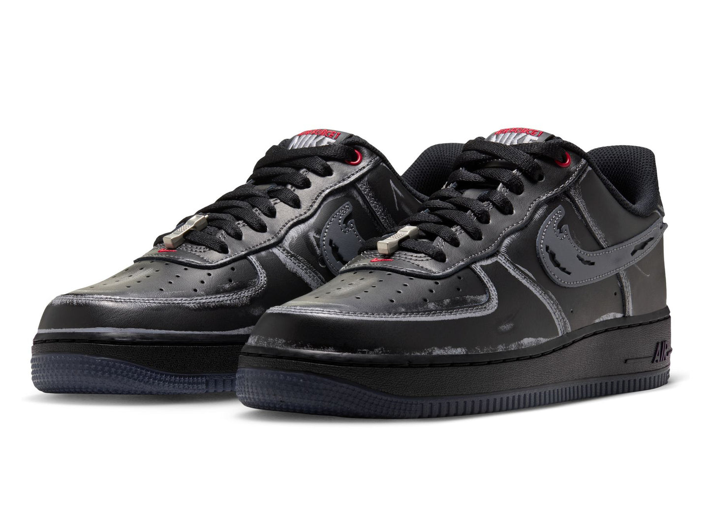 Nike Air Force 1 '07 IZ1207-010 in Black / Gym Red / Metallic Silver / Stealth — front angle pair