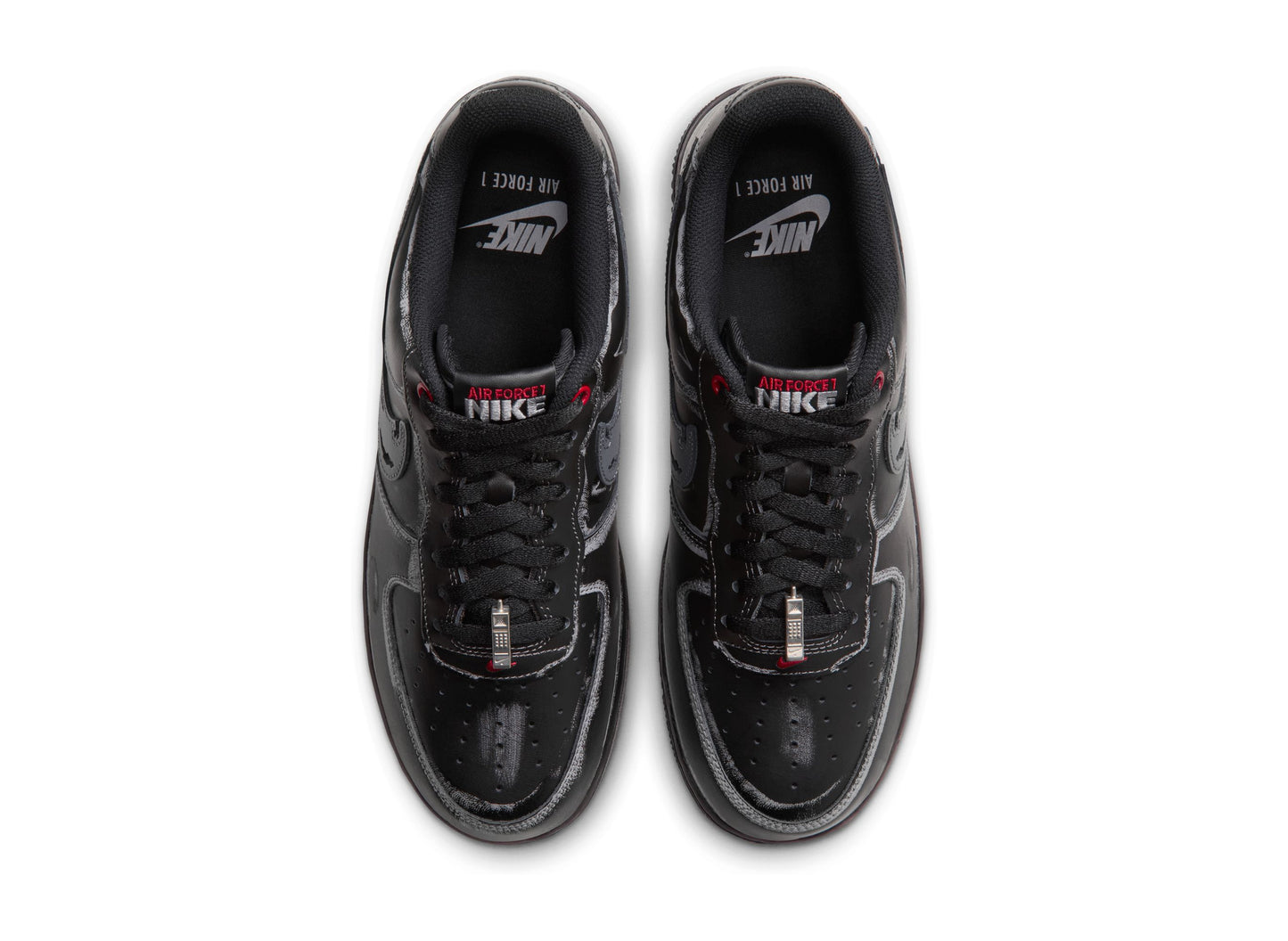 Nike Air Force 1 '07 IZ1207-010 in Black / Gym Red / Metallic Silver / Stealth — top pair
