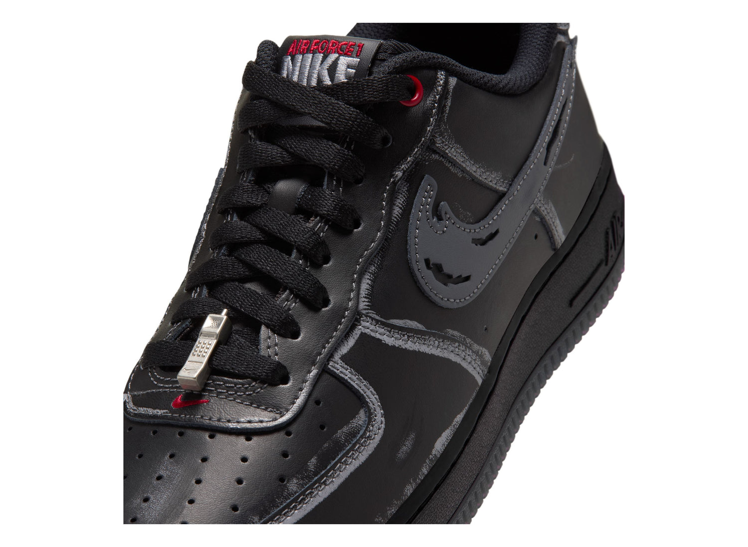 Nike Air Force 1 '07 IZ1207-010 in Black / Gym Red / Metallic Silver / Stealth — upper detail