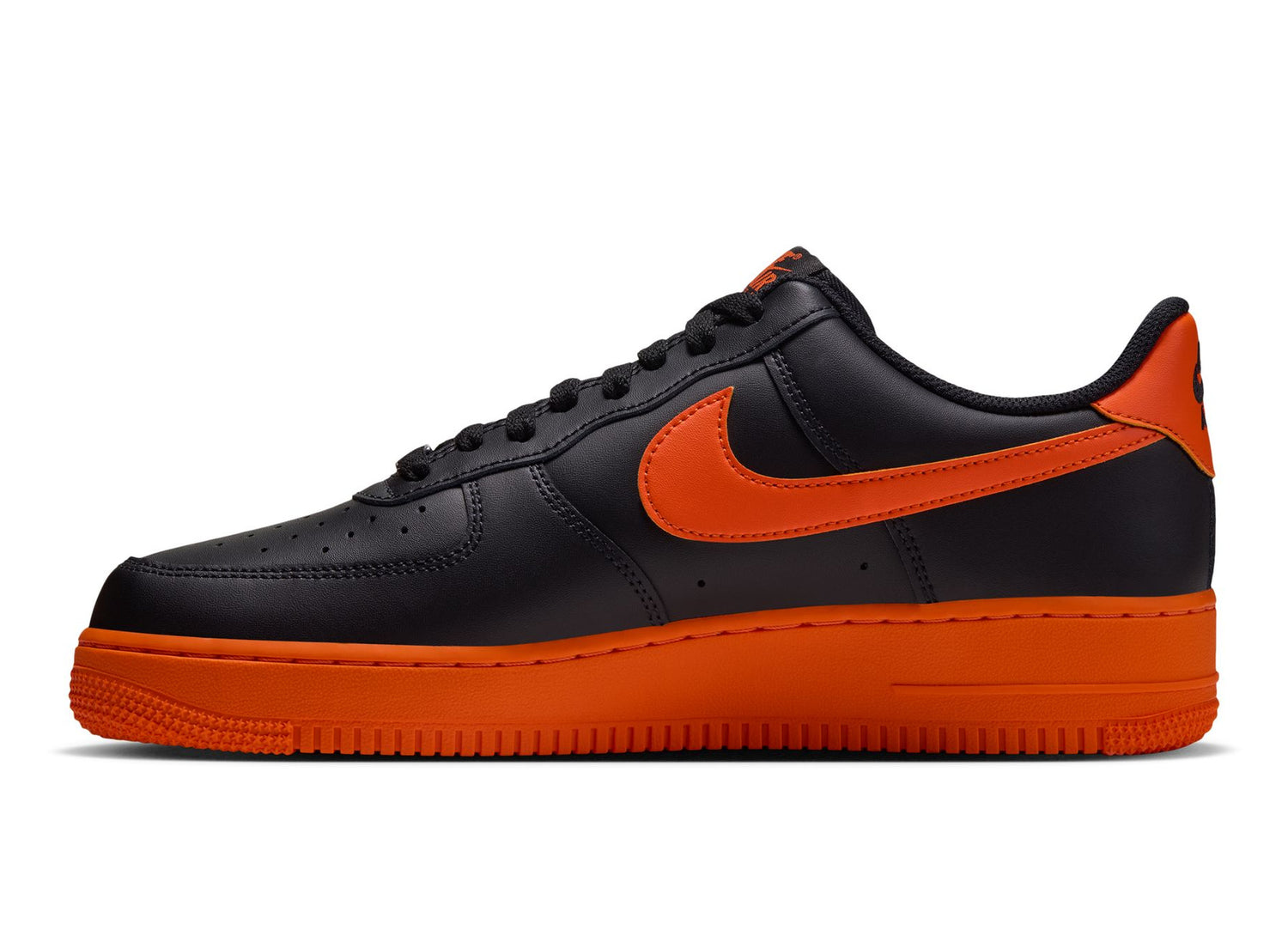 Nike Air Force 1 '07 in Black / Safety Orange — left-facing inner side profile