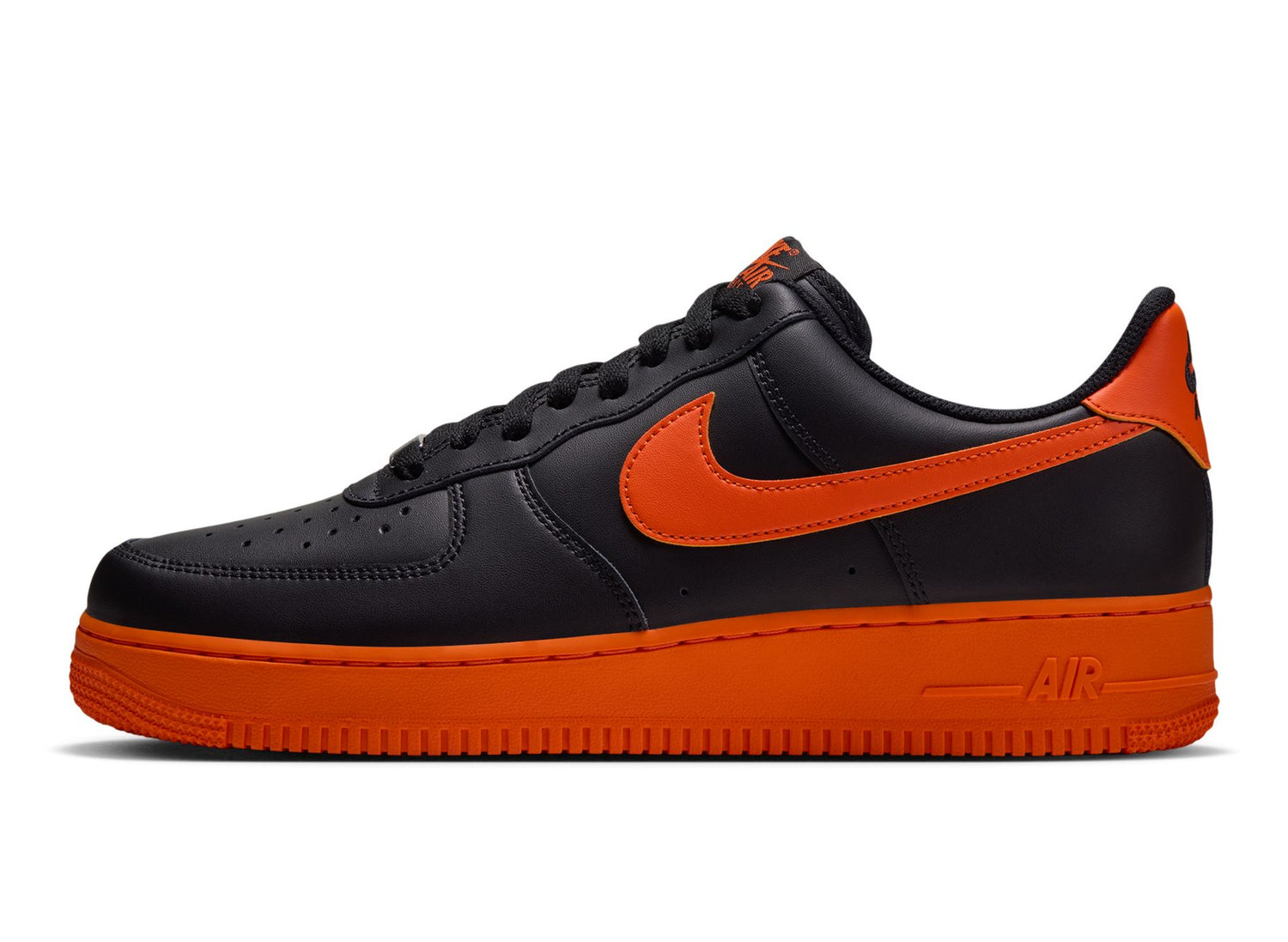 Nike Air Force 1 '07 in Black / Safety Orange — left-facing side profile