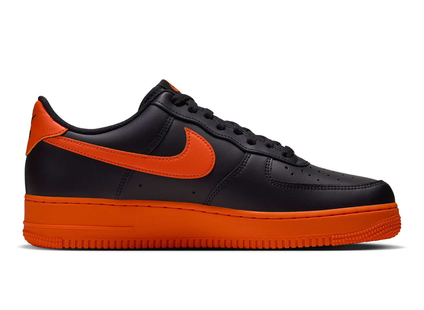 Nike Air Force 1 '07 in Black / Safety Orange — right-facing inner side profile