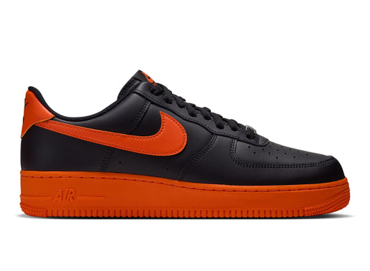 Nike Air Force 1 '07 in Black / Safety Orange — right-facing side profile