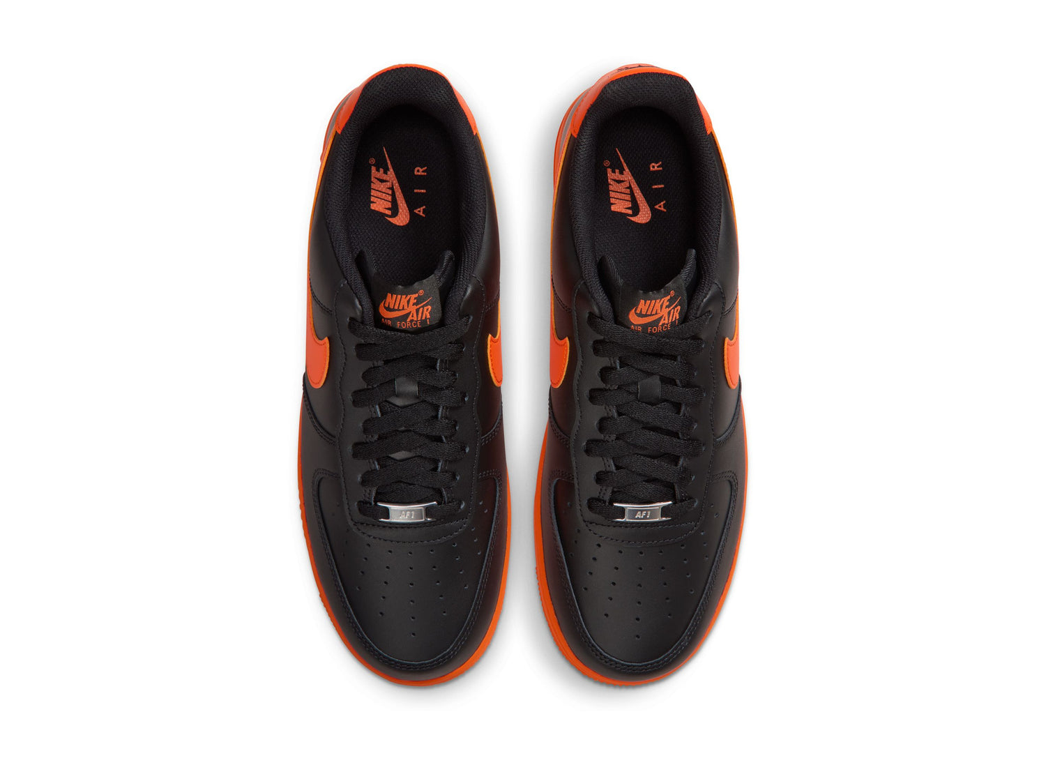 Nike Air Force 1 '07 in Black / Safety Orange — top view of the pair