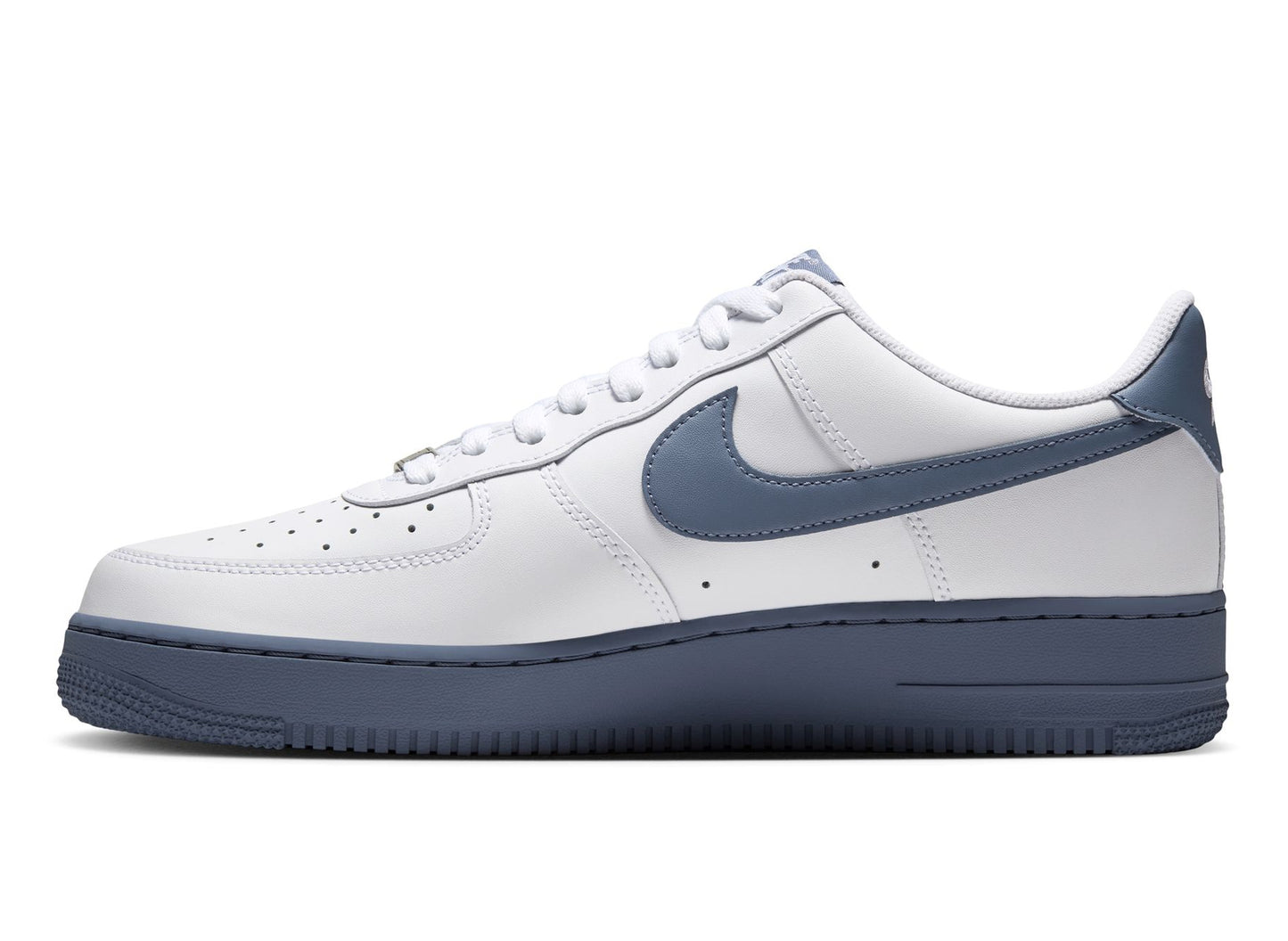 Nike Air Force 1 '07 in White / Diffused Blue / Metallic Silver — left-facing inner side profile