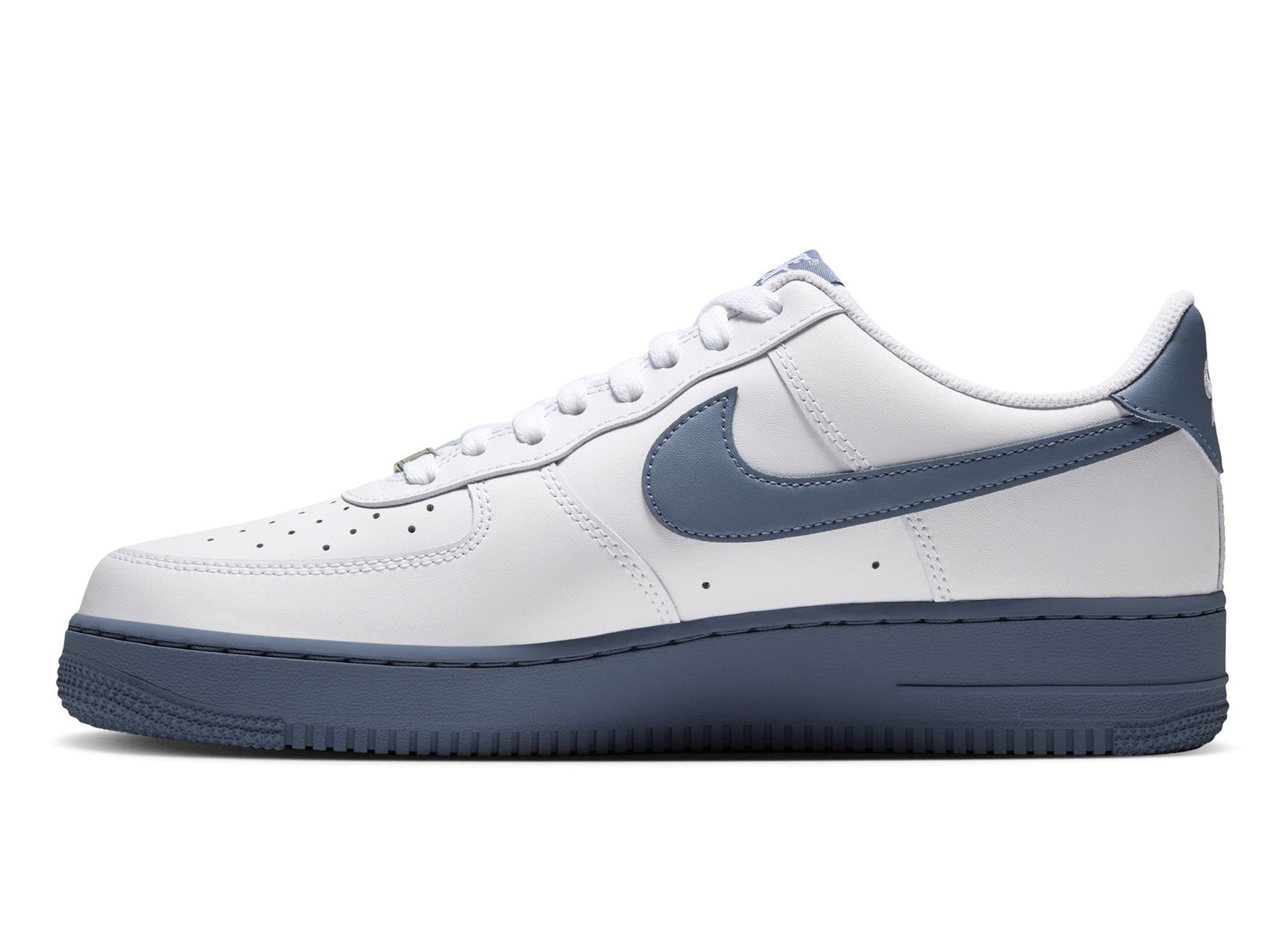 Nike Air Force 1 '07 in White / Diffused Blue / Metallic Silver — left-facing inner side profile