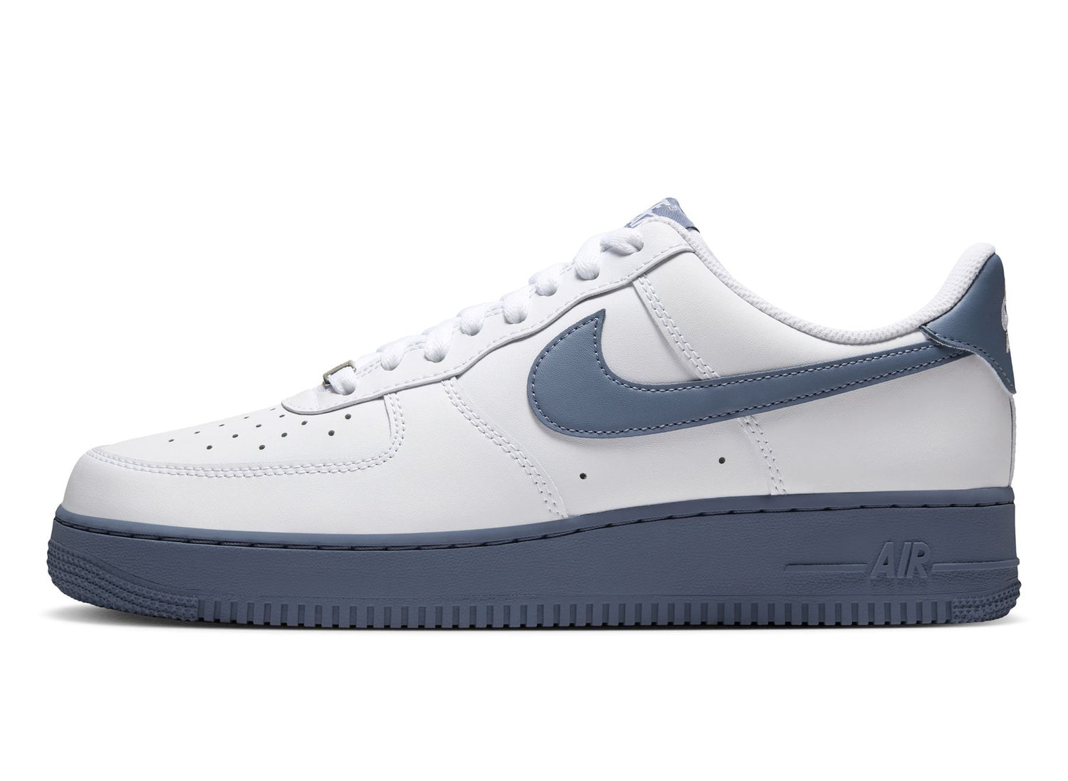 Nike Air Force 1 '07 in White / Diffused Blue / Metallic Silver — left-facing side profile