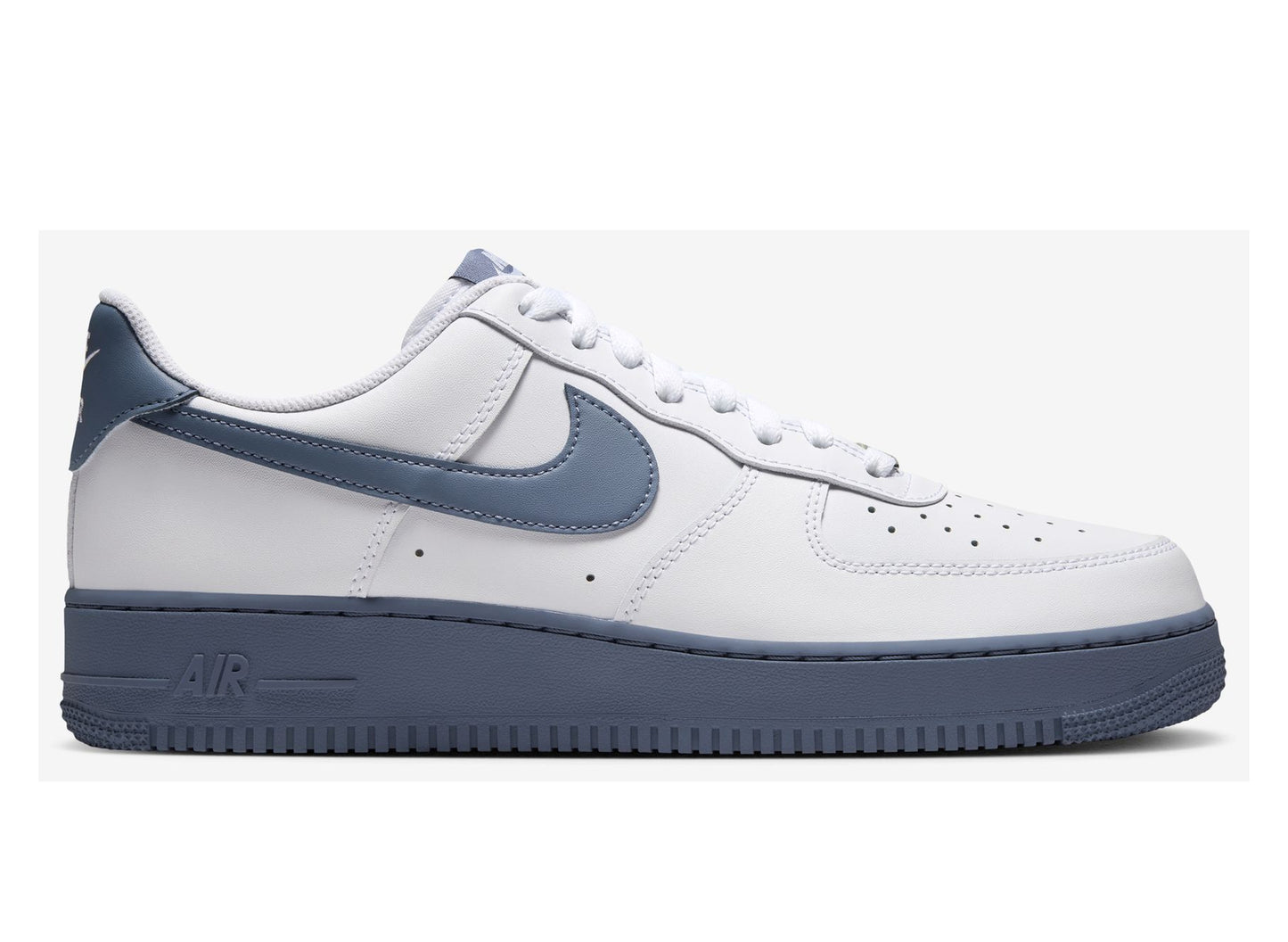 Nike Air Force 1 '07 in White / Diffused Blue / Metallic Silver — right-facing side profile