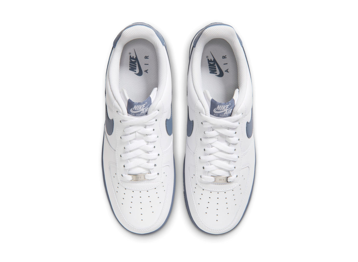 Nike Air Force 1 '07 in White / Diffused Blue / Metallic Silver — top view of the pair