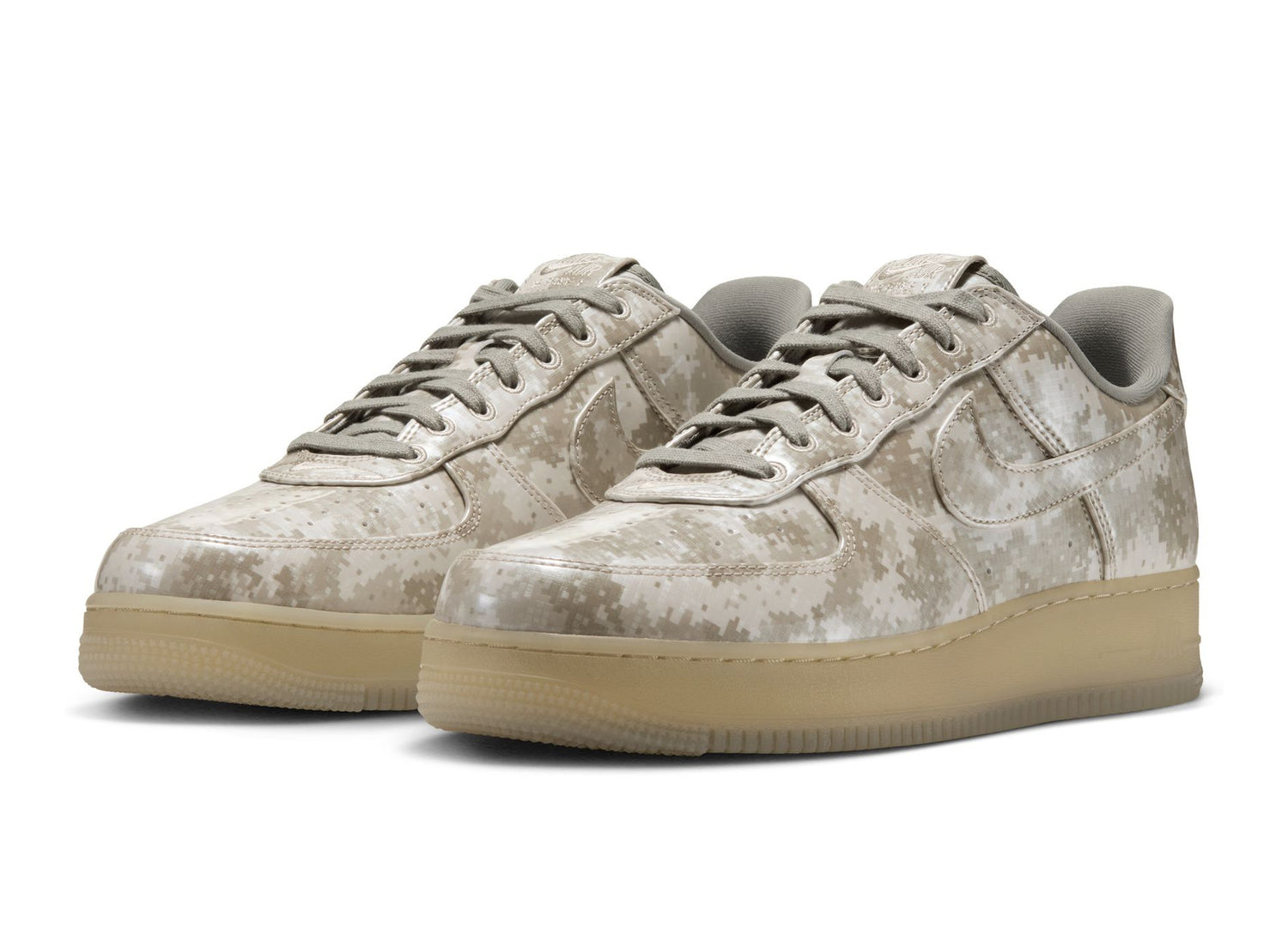 Nike Air Force 1 Low Retro Digital Camo in Fossil / Dark Grey — front angle pair