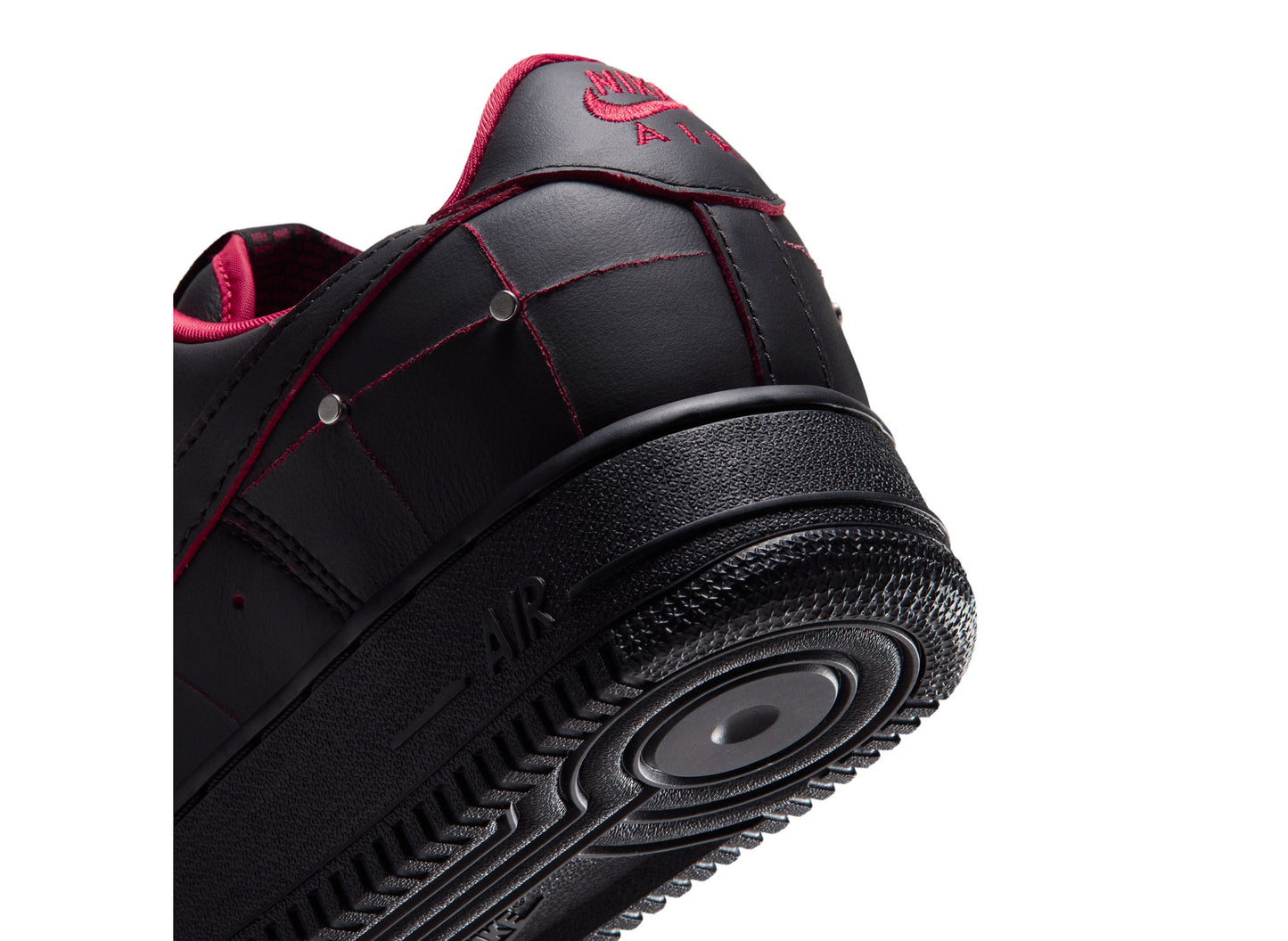 Nike Air Force 1 Nightmare in Black / Gym Red / Metallic Silver — heel detail