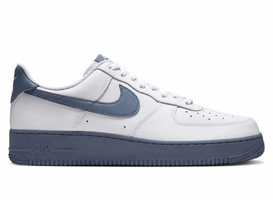 Nike Air Force 1 '07 in White / Diffused Blue / Metallic Silver — right-facing side profile