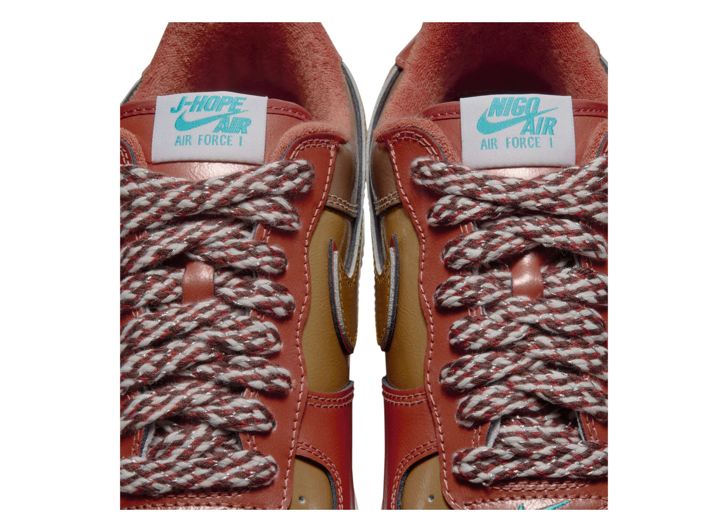 Nike x NIGO x J-Hope Air Force 1 '01 IO8766-800 in Burnt Sunrise — tongue label detail