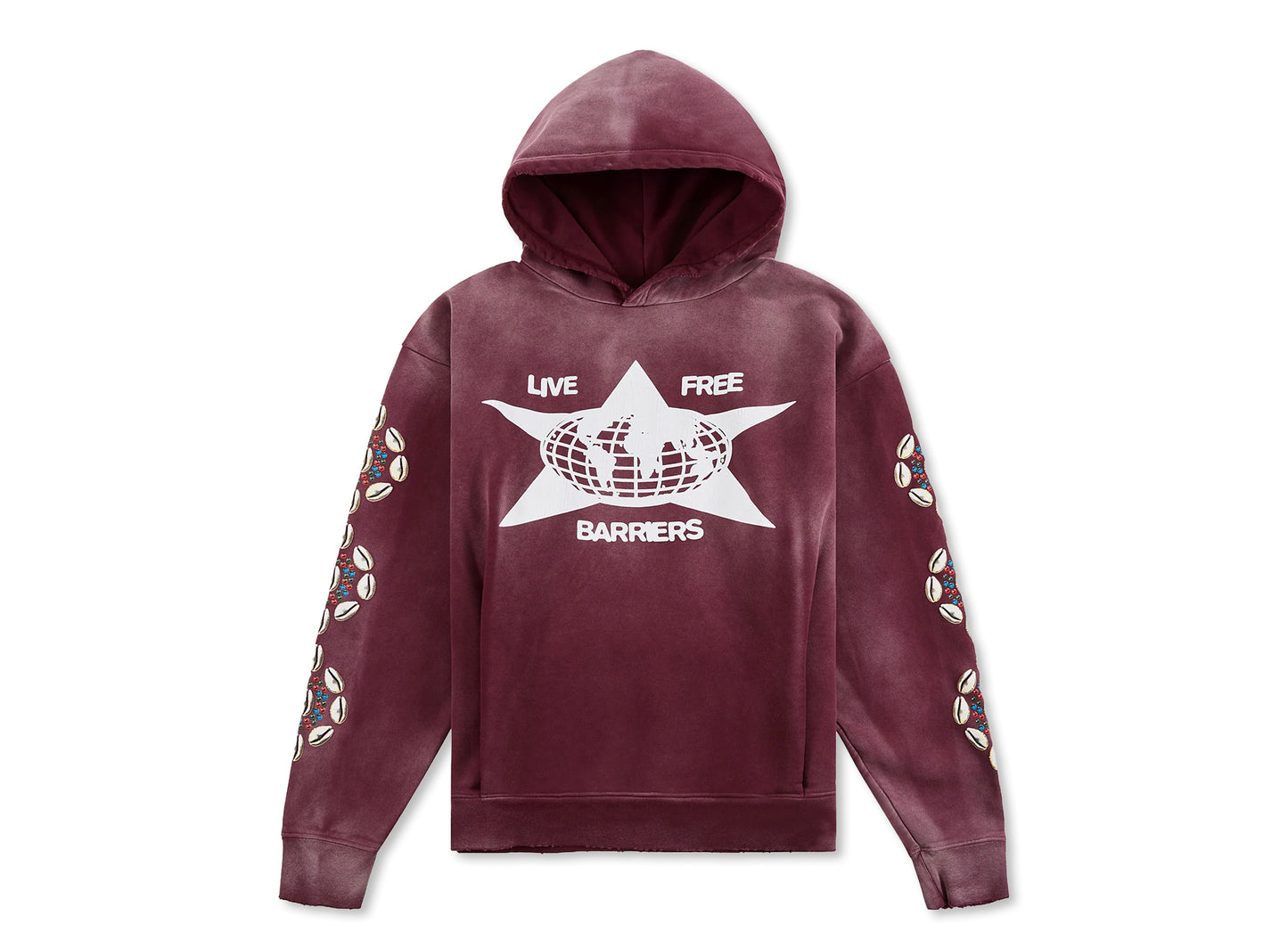 Barriers Cowrie Shell Hidden Pocket Hoodie in Burgundy Marble Dye