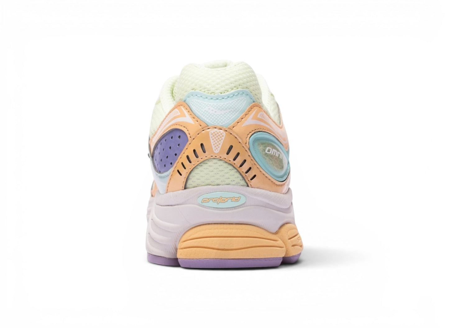 Oneness Boutique Saucony Progrid Omni 9 lime and orchid running shoes, style S71034-1, with mesh and leather accents.