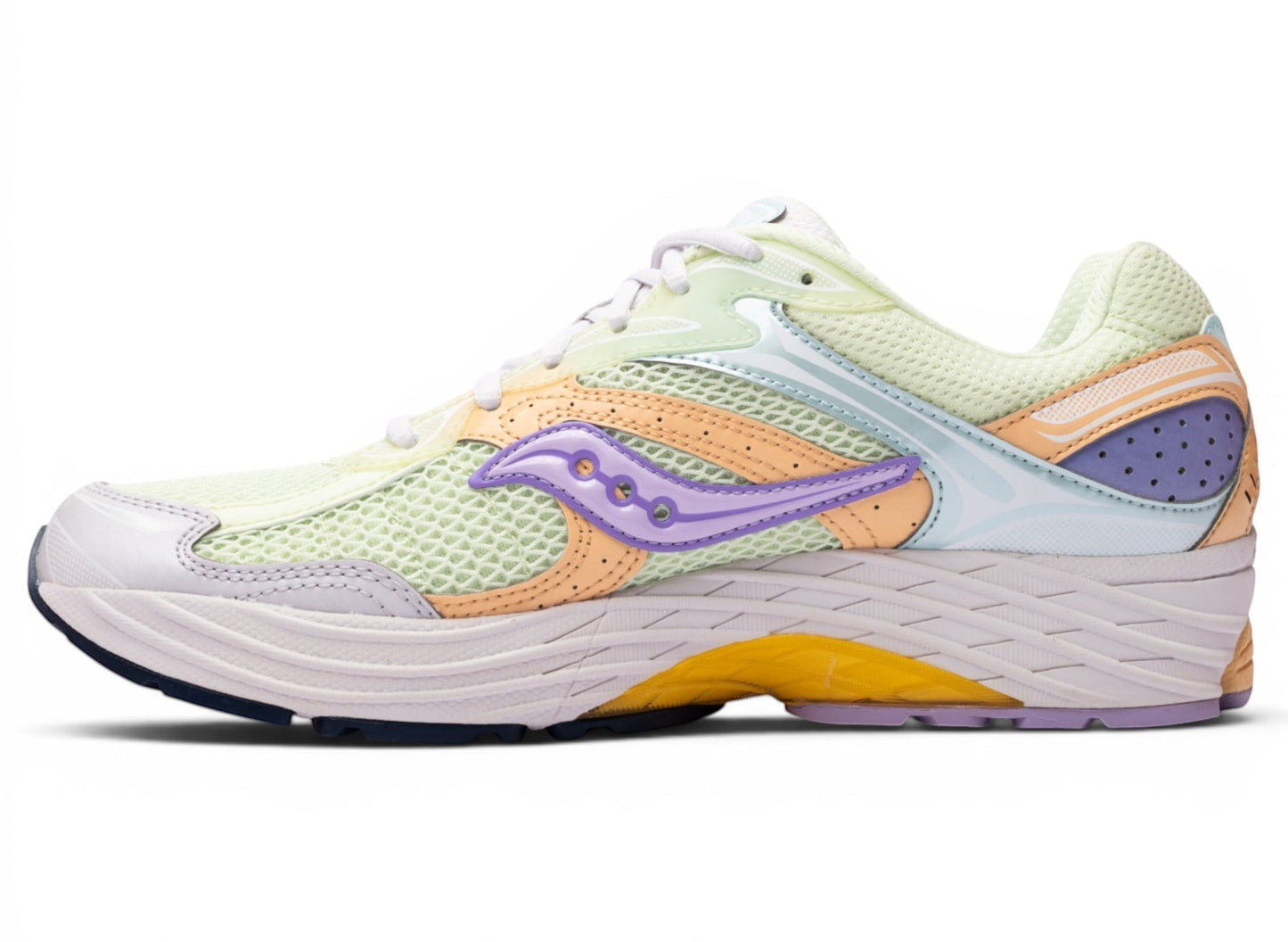 Oneness Boutique Saucony Progrid Omni 9 lime and orchid running shoes with mesh panels and purple accents.