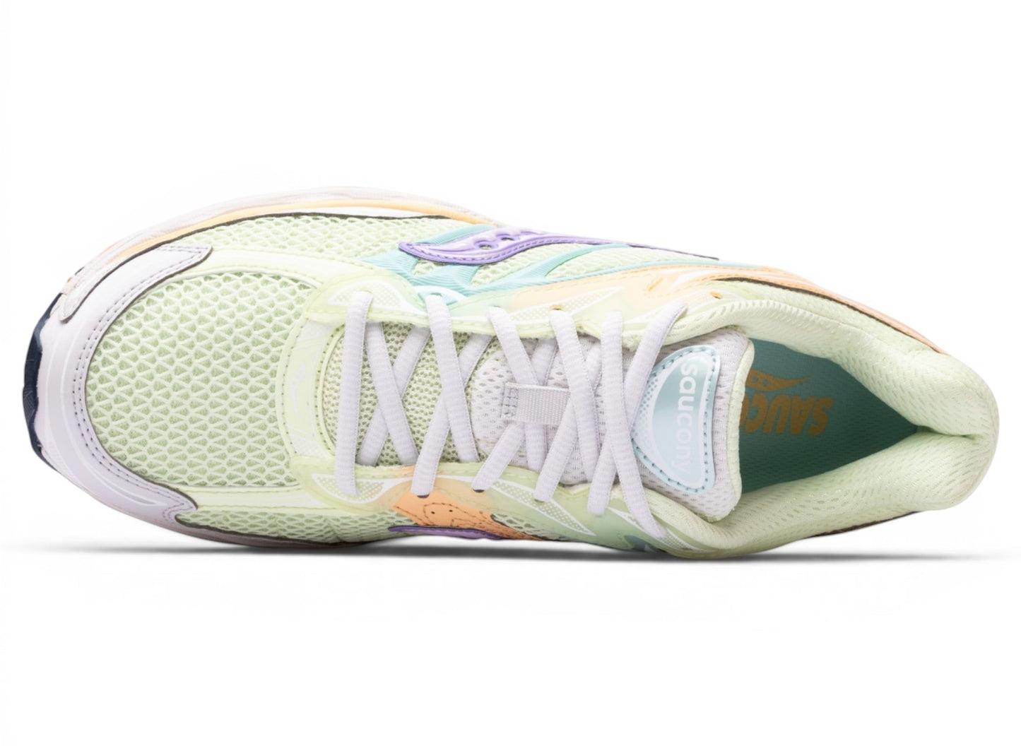 Oneness Boutique Saucony Progrid Omni 9 lime and orchid running shoes, mesh upper, white laces, pastel accents.