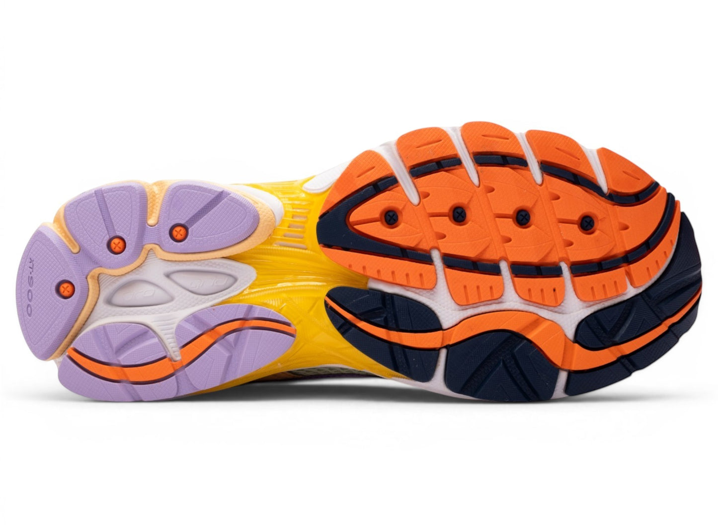 Oneness Boutique Saucony Progrid Omni 9 running shoes in lime and orchid with yellow accents and a multi-colored rubber sole.