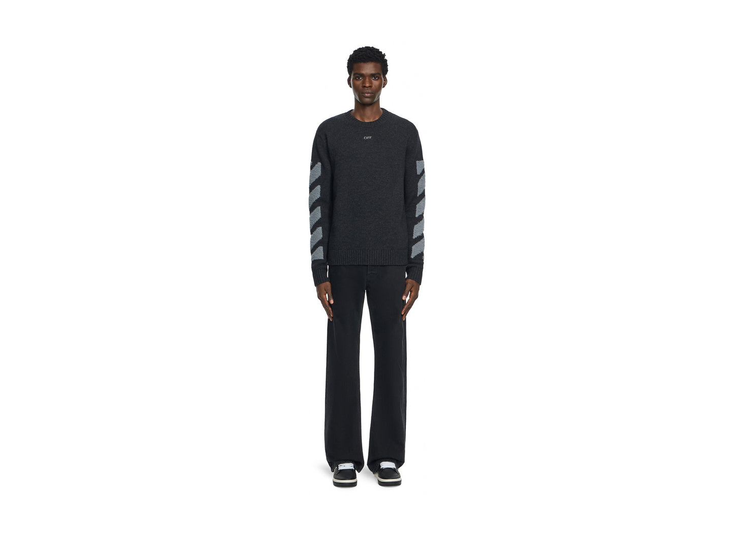 OFF-WHITE Diagonals Fuzzy Knit Crewneck in Anthracite — view 2