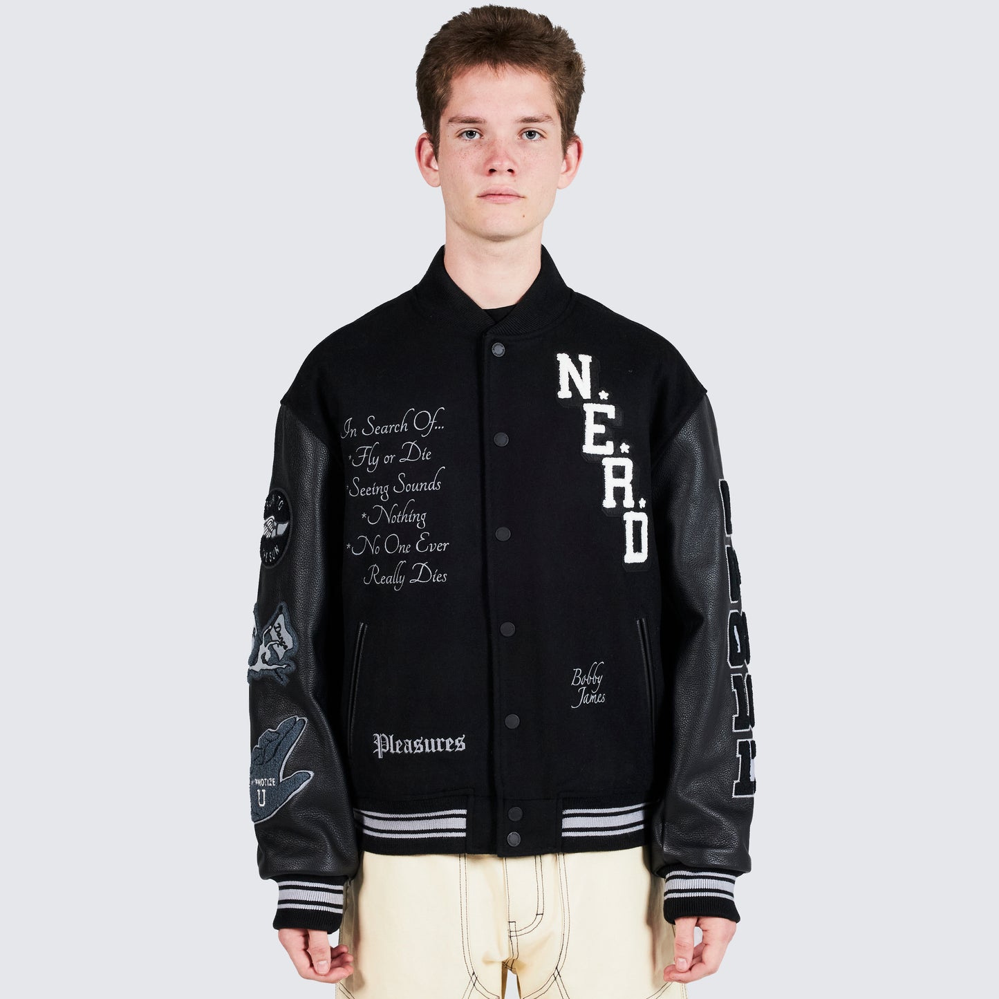Pleasures NERD Varsity Jacket in Black - view 3