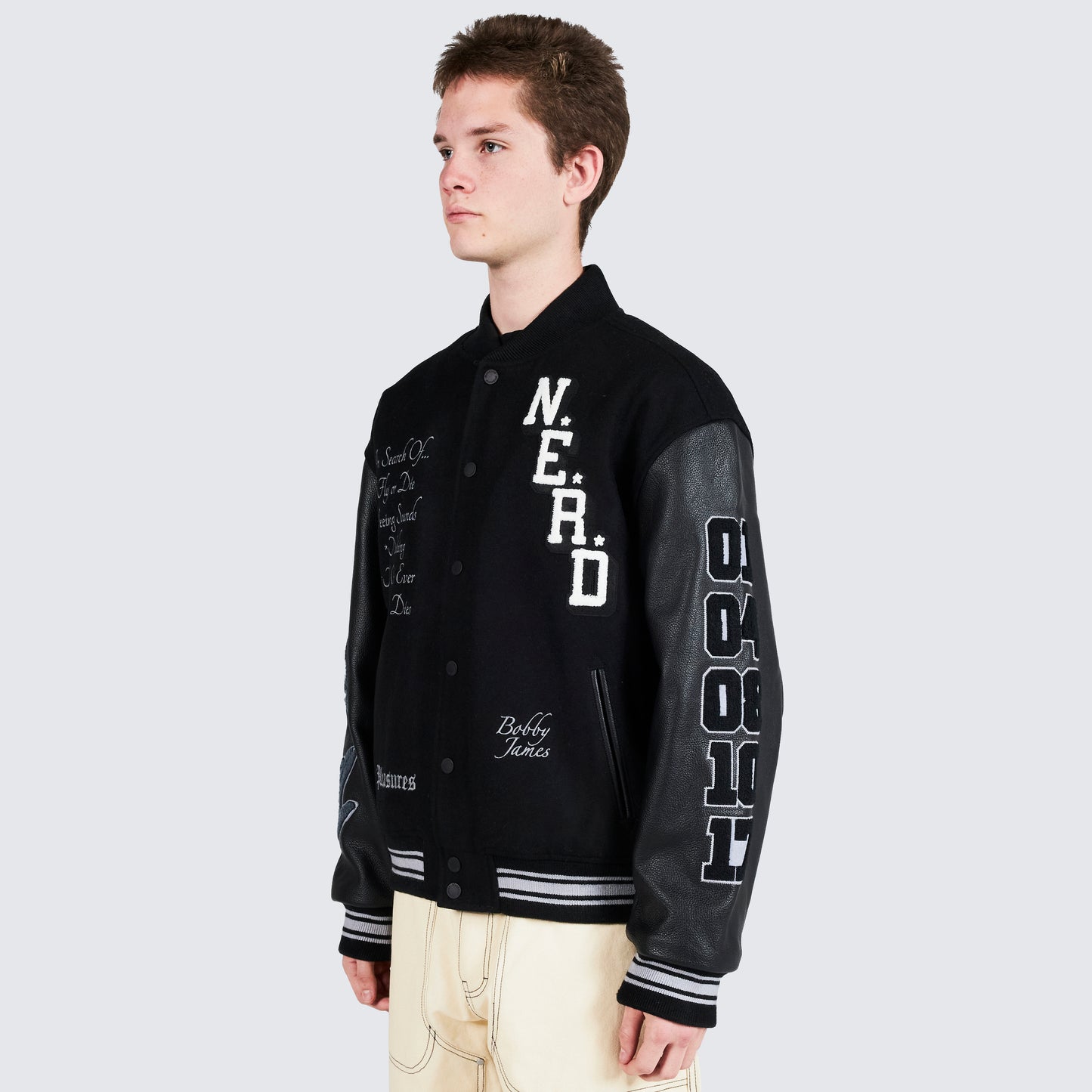 Pleasures NERD Varsity Jacket in Black - view 10