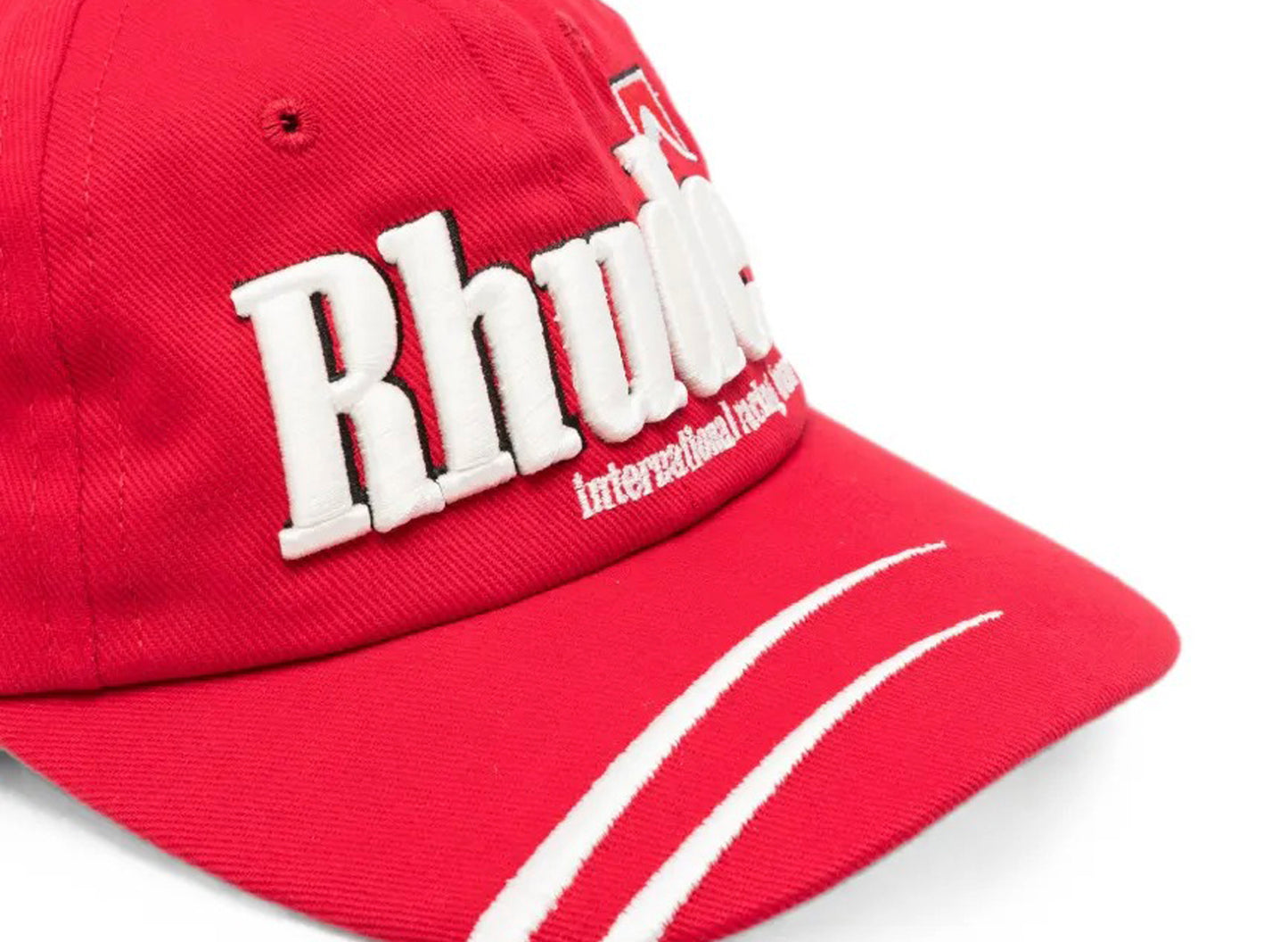Rhude Moonlight Dual Stripe Curved Brim Hat in Red / White — view 2