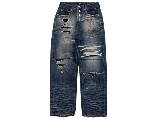 Thug Club Skull Stitch Ripped Denim Pants in Blue