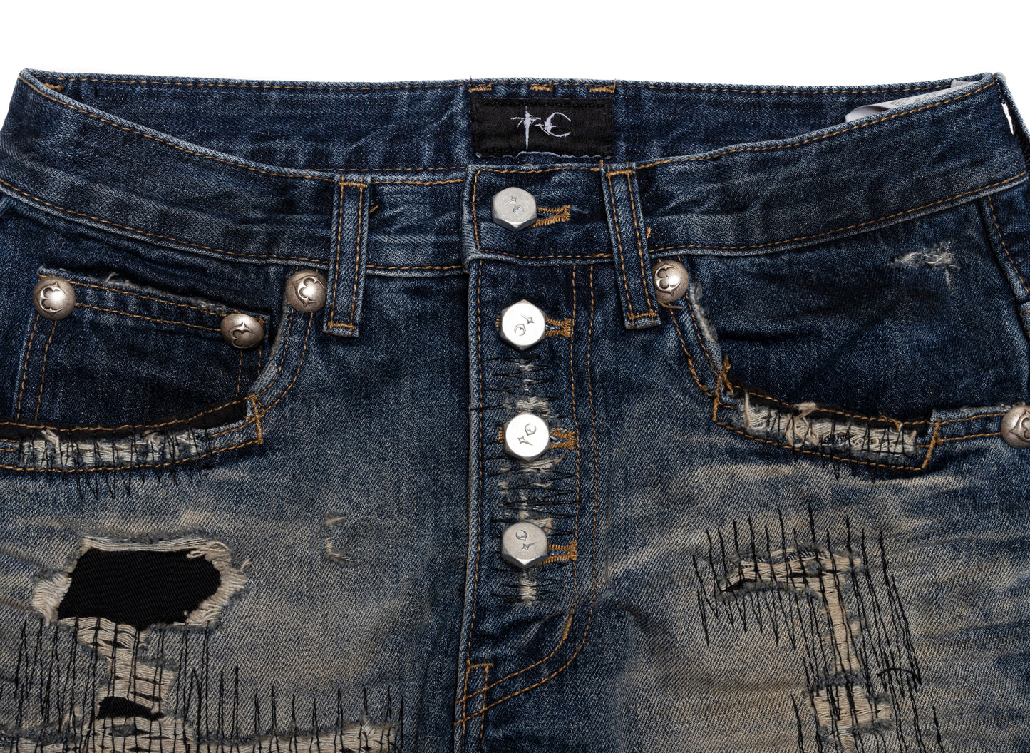 Thug Club Skull Stitch Ripped Denim Pants in Blue