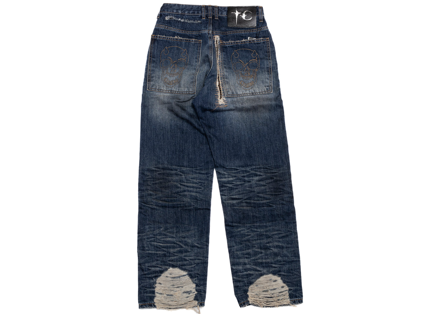 Thug Club Skull Stitch Ripped Denim Pants in Blue