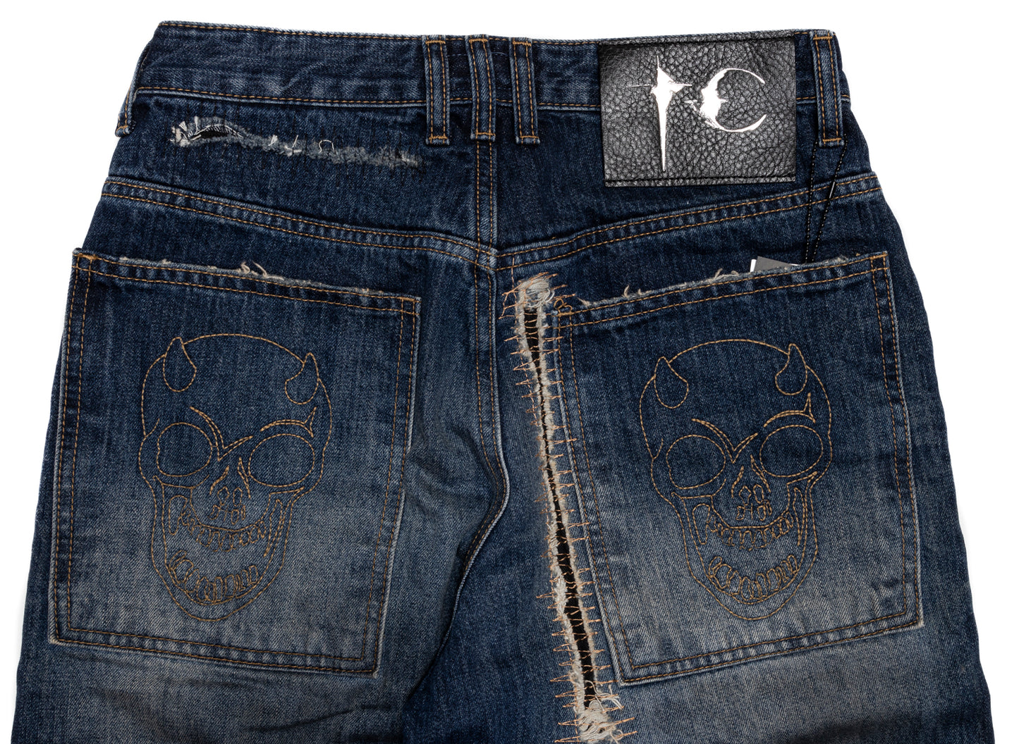 Thug Club Skull Stitch Ripped Denim Pants in Blue