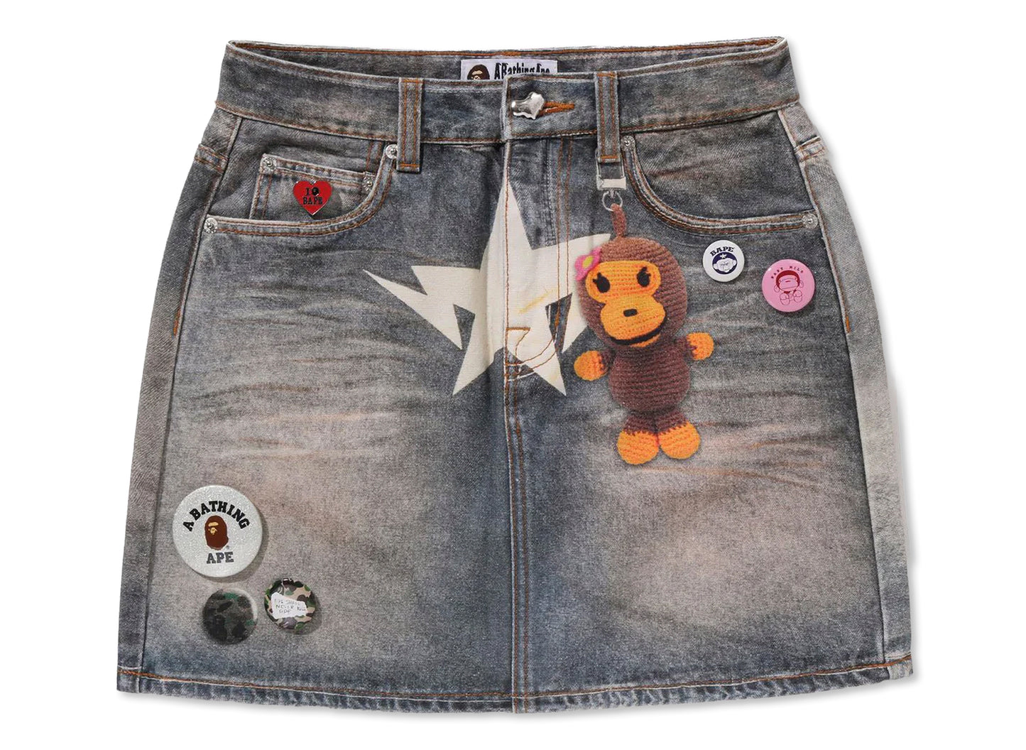 Women's A Bathing Ape Fake Print Multi Logo Denim Skirt in Indigo