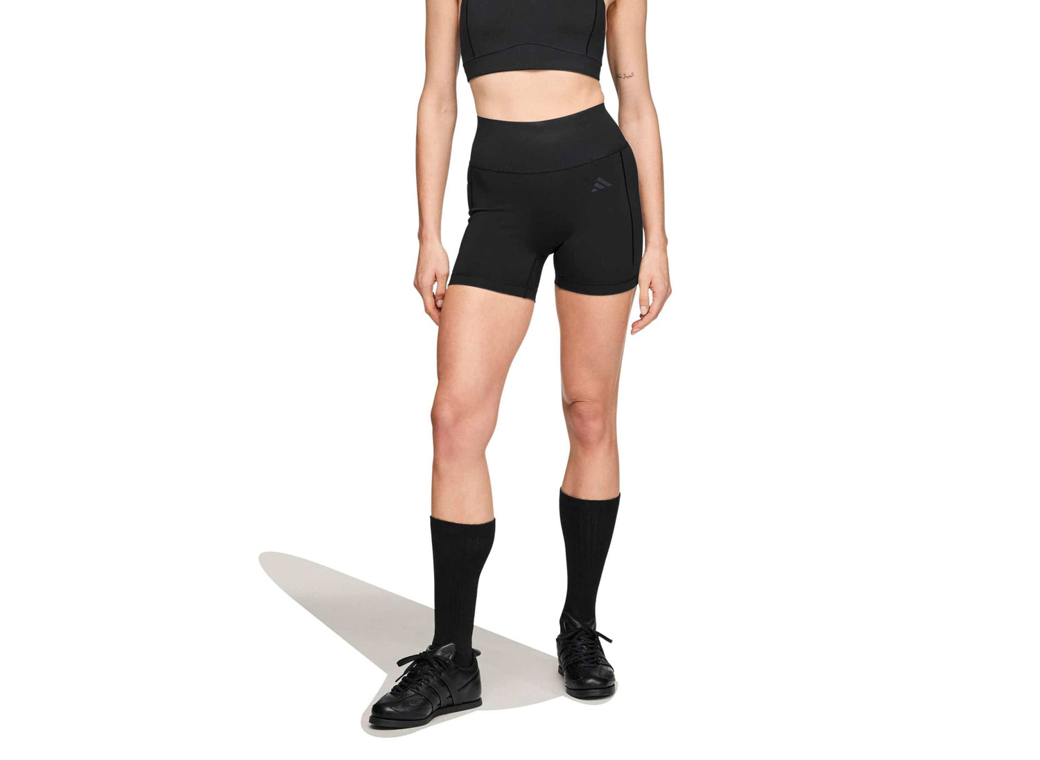 Women's Adidas x Entire Studios Optime Short Training Leggings in Black — view 4