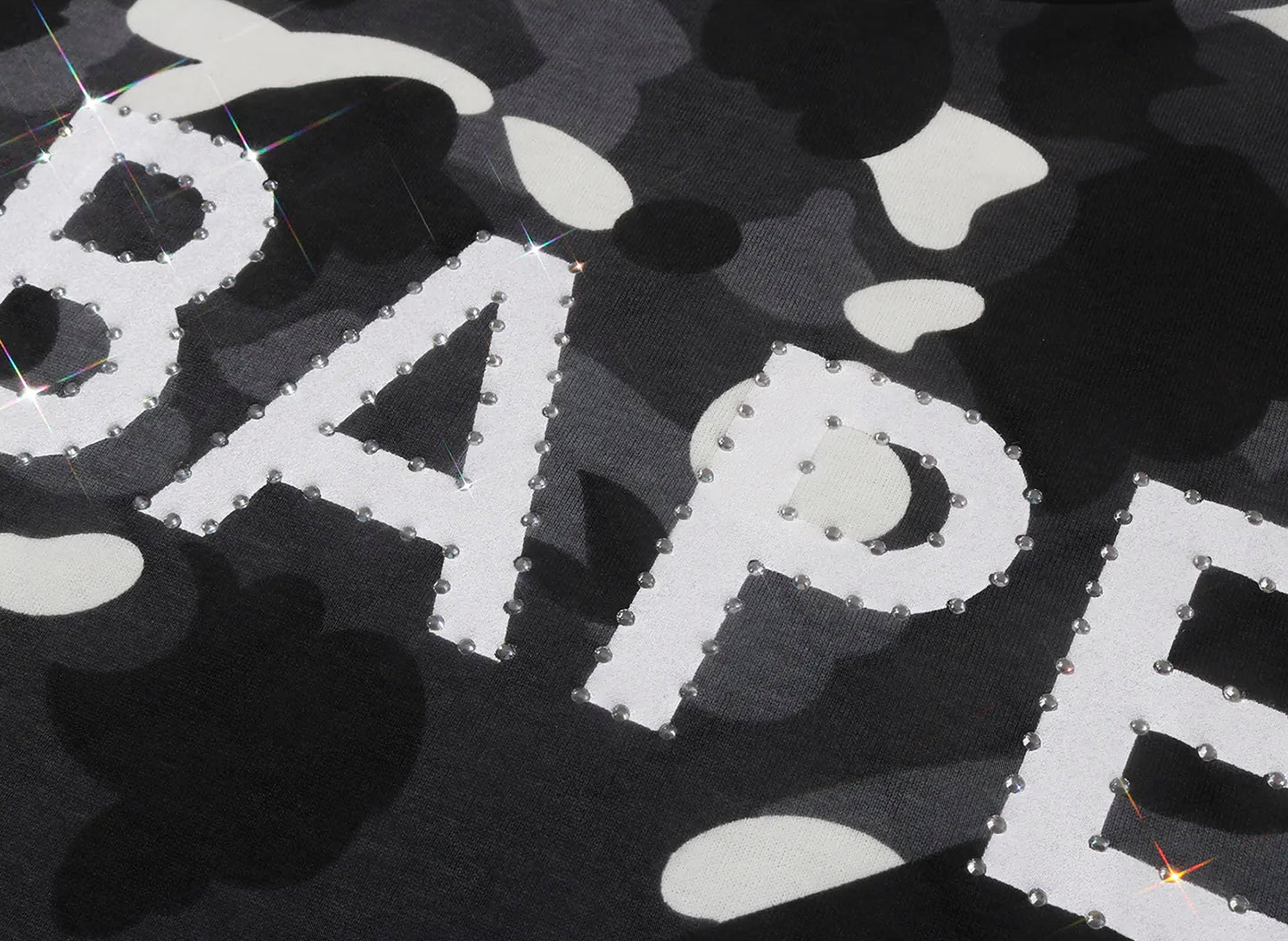 A Bathing Ape City Camo Rhinestone Bape Logo Tee in Black
