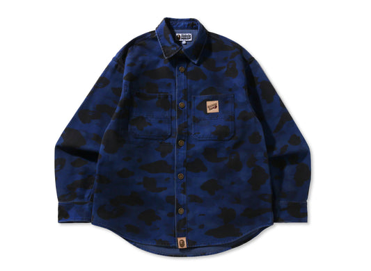 A Bathing Ape Solid 1st Camo Work LS Shirt in Navy