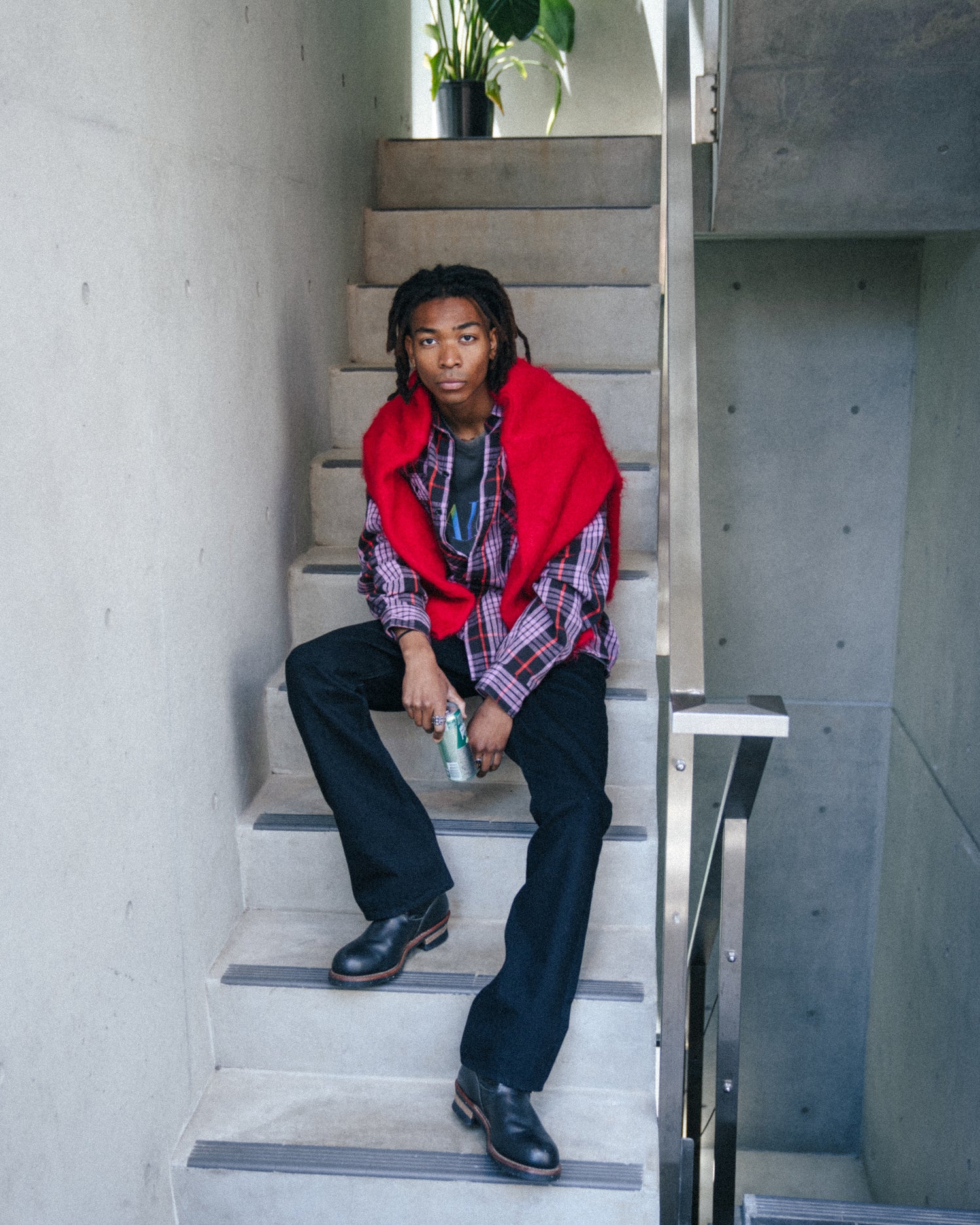 Saint Michael Check Shirt in Purple — model styling