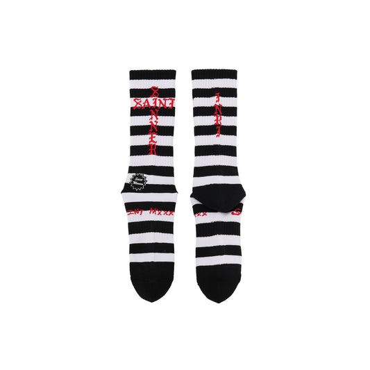 Saint Michael Border Socks in Black / White — front studio view