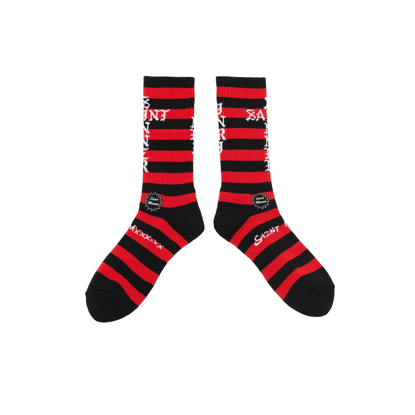 Saint Michael Border Socks in Black / Red — front studio view