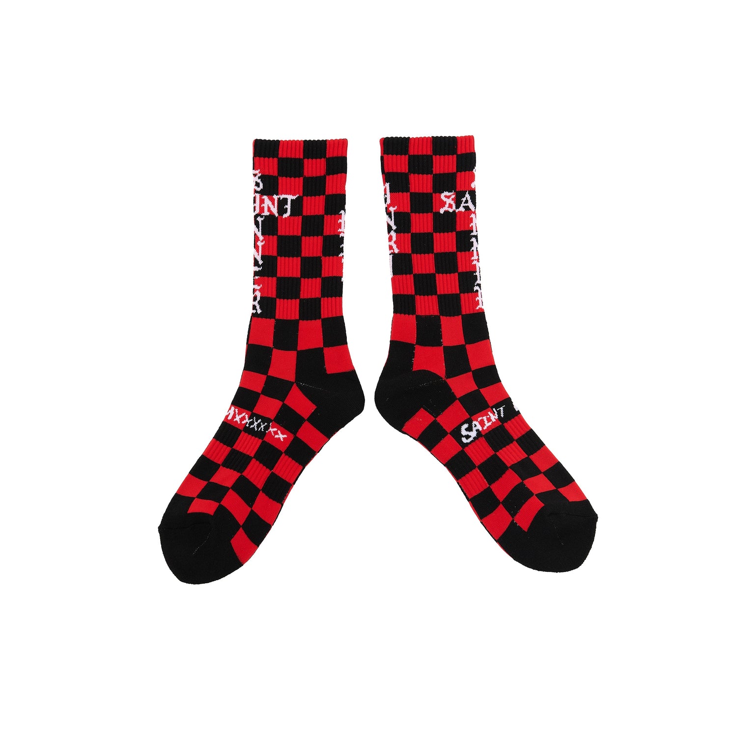 Saint Michael Check Socks in Black / Red — front studio view