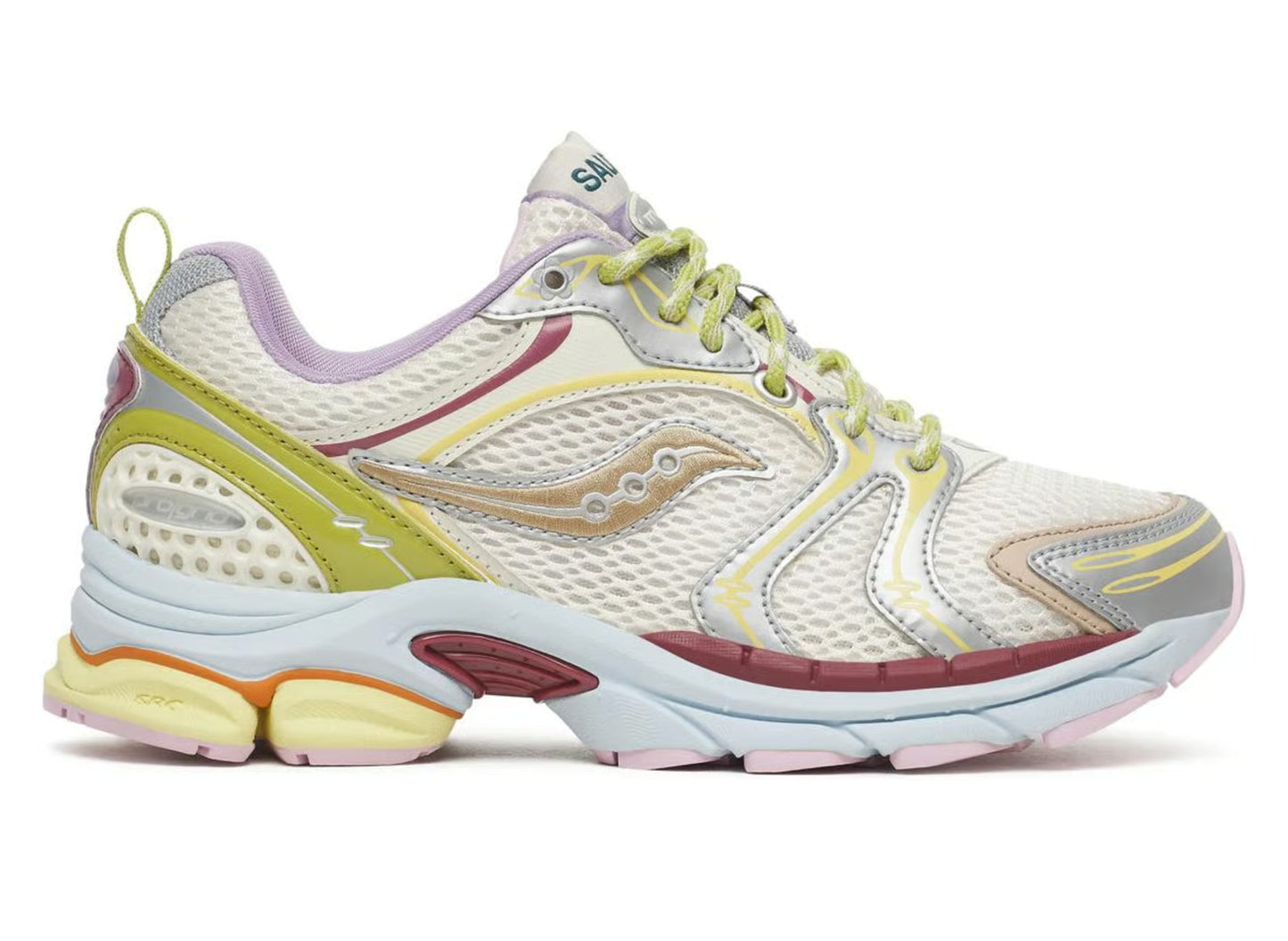 Saucony x Evelynn World ProGrid Triumph 4 Mom Shoe in White / Yellow / Silver, right-facing lateral view on white