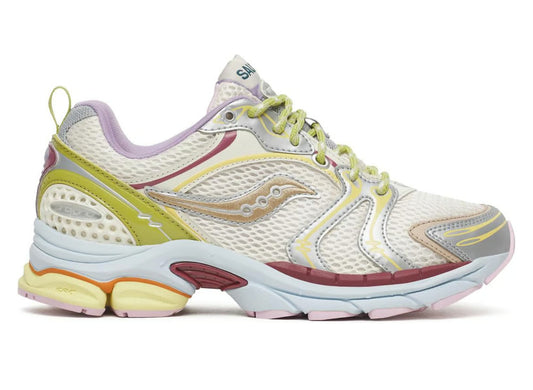 Saucony x Evelynn World ProGrid Triumph 4 Mom Shoe in White / Yellow / Silver, right-facing lateral view on white