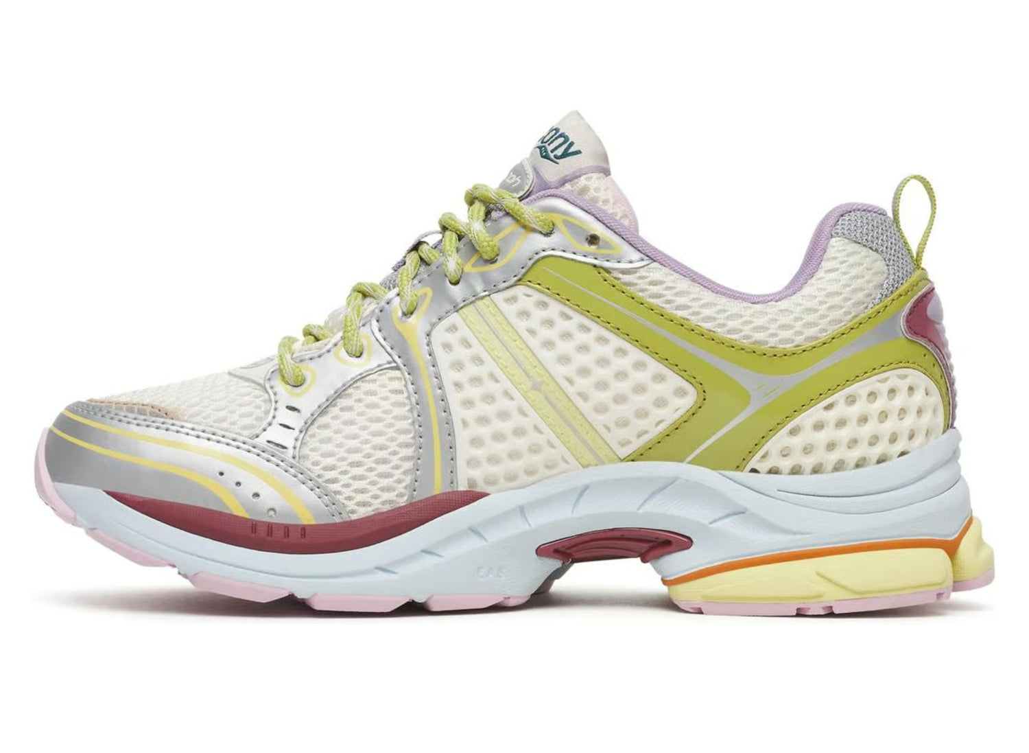 Saucony x Evelynn World ProGrid Triumph 4 Mom Shoe in White / Yellow / Silver, medial view on white